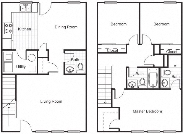 Floor plan for 3 beds, 2.5 baths, 1265 sqft
